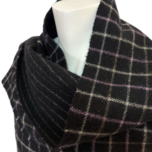 SUSU Wool Cashmere Reversible Scarf - Grid & Pinstripe - Black Purple Cream - Picture 2 of 10